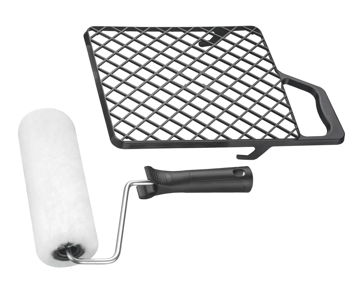 Farbrollgarnitur 18 cm: 1 Roller Polyester gestrickt, 1 Abstreifgitter 0