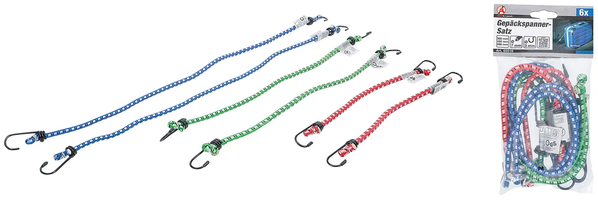 Gummispannseil-Set mit Drahthaken 6-tlg. Ø7mm,je 2x 30cm, 45cm, 60cm, Haken Ø 3mm 1